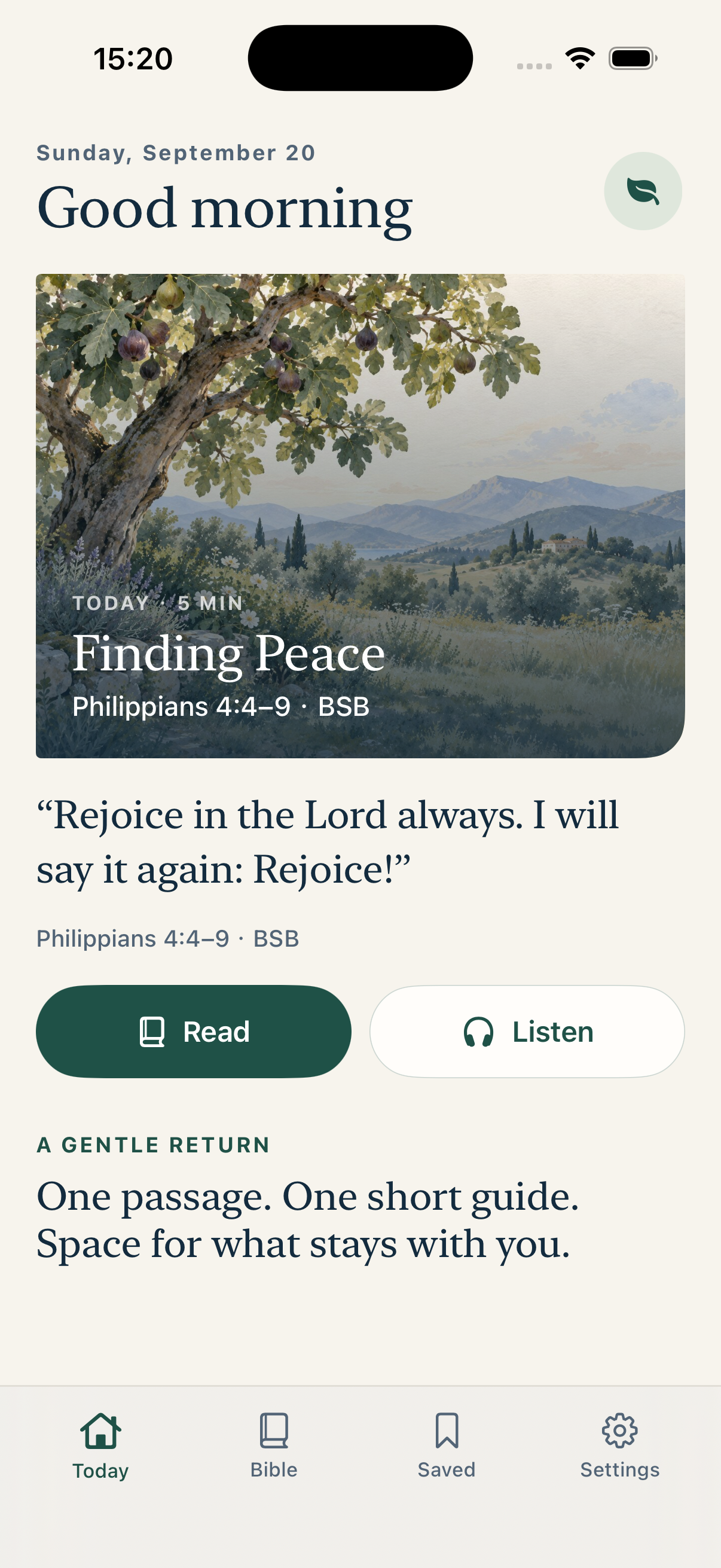 Pause for Scripture home screen with a daily Bible passage and reading options